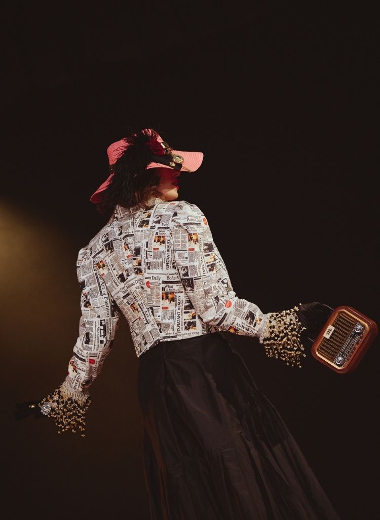 Newspaper Print Jacket & Black Taffeta Dress