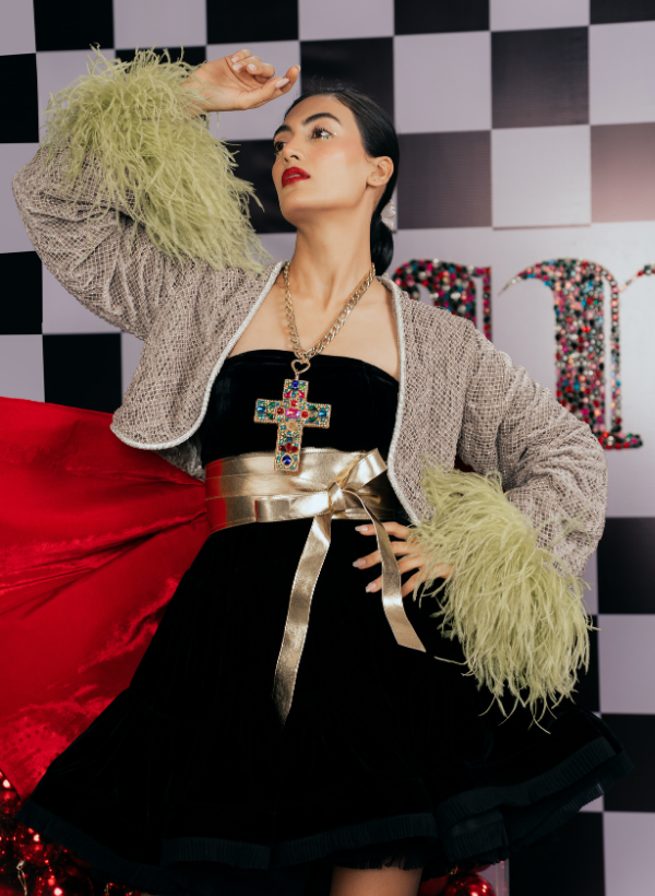 SWAROVSKI OPEN JACKET WITH OSTRICH FEATHER SLEEVES