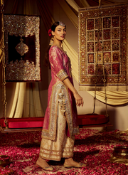 Pink Banarasi Kurta Set With Mirror & Gota Work