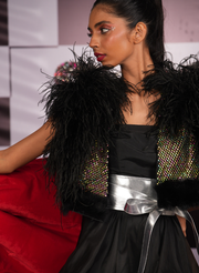 MULTI-COLORED RHINESTONE WAISTCOAT WITH BLACK OSTRICH FEATHERS
