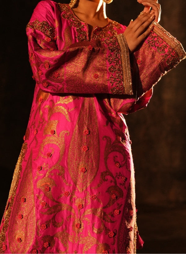 Hot Pink Banarasi Silk Kurta Set