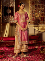 Load image into Gallery viewer, Pink Banarasi Kurta Set With Mirror &amp; Gota Work
