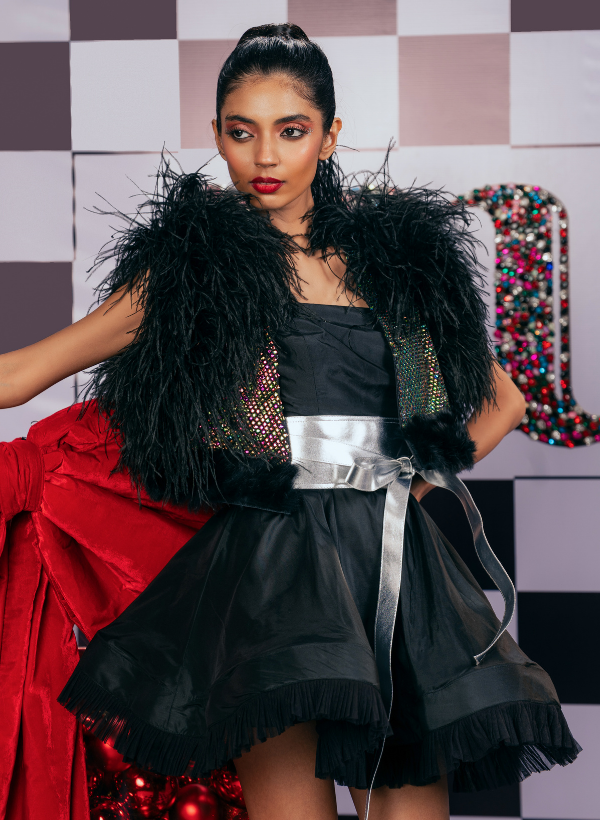 MULTI-COLORED RHINESTONE WAISTCOAT WITH BLACK OSTRICH FEATHERS