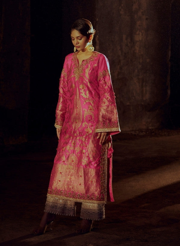 Hot Pink Banarasi Silk Kurta Set