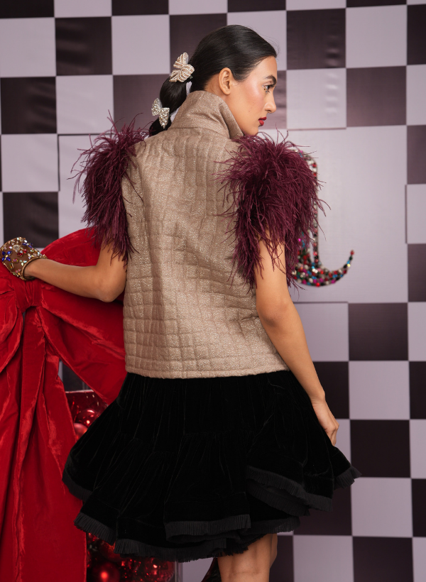 METALLIC ZIP-UP WAISTCOAT WITH MAROON  OSTRICH FEATHER SHOULDERS