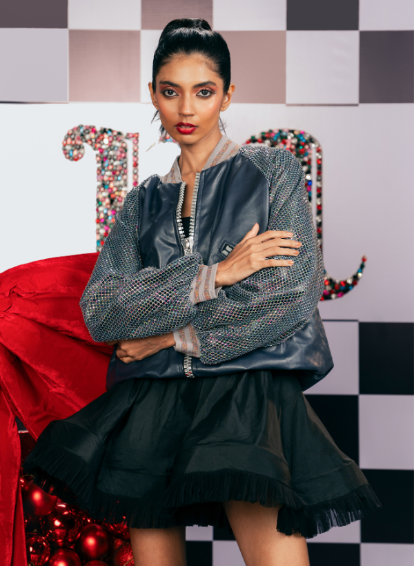 GREY LEATHER BOMBER JACKET WITH SWAROVSKI MESH SLEEVES