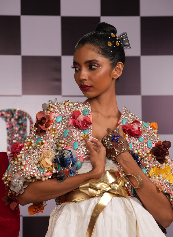 PEACH SWAROVSKI EMBELLISHED BOLERO