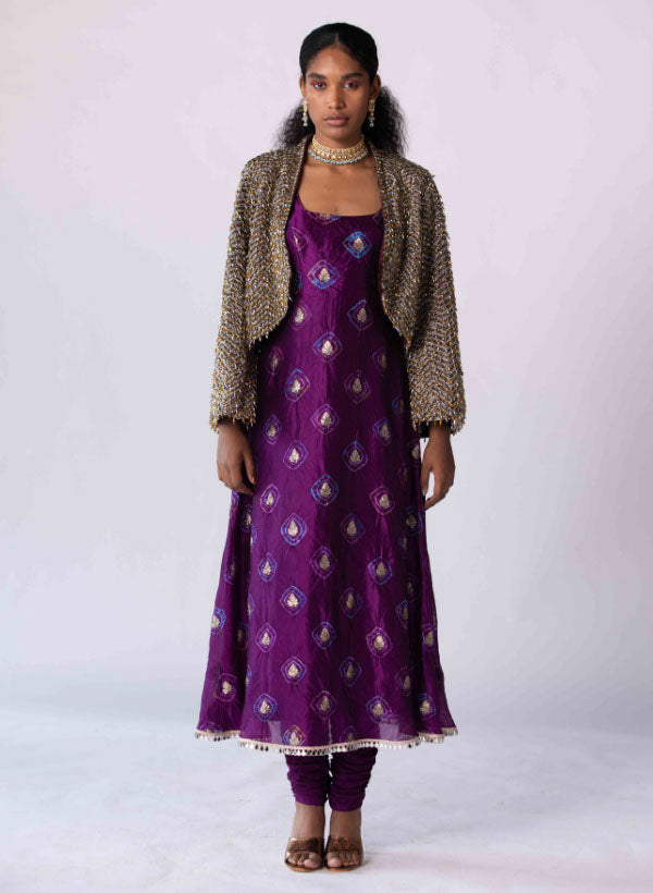 Purple Sleeveless Silk Kurta & Churidar