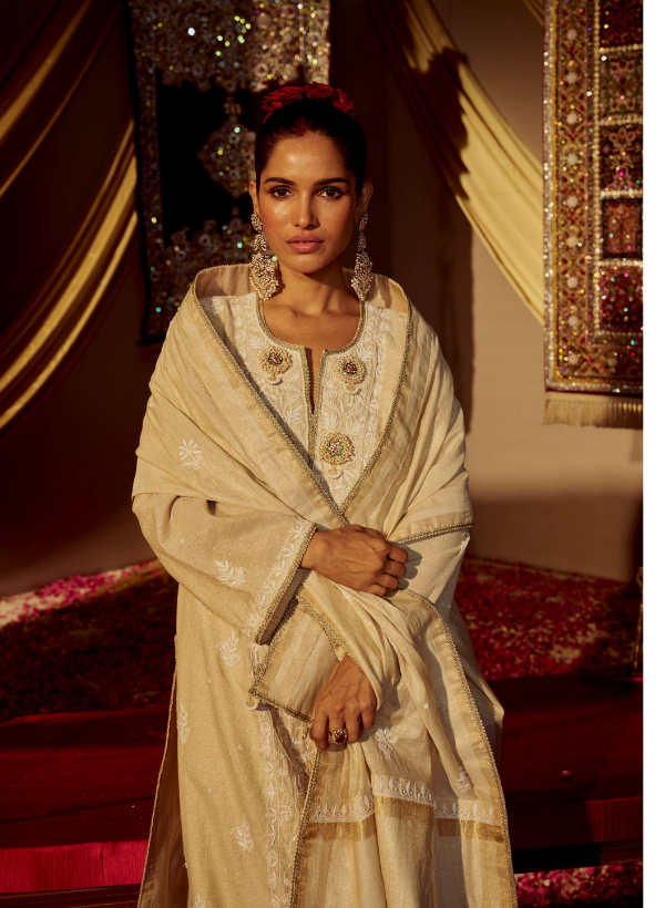 Beige Chanderi Silk Beaded Kurta Set