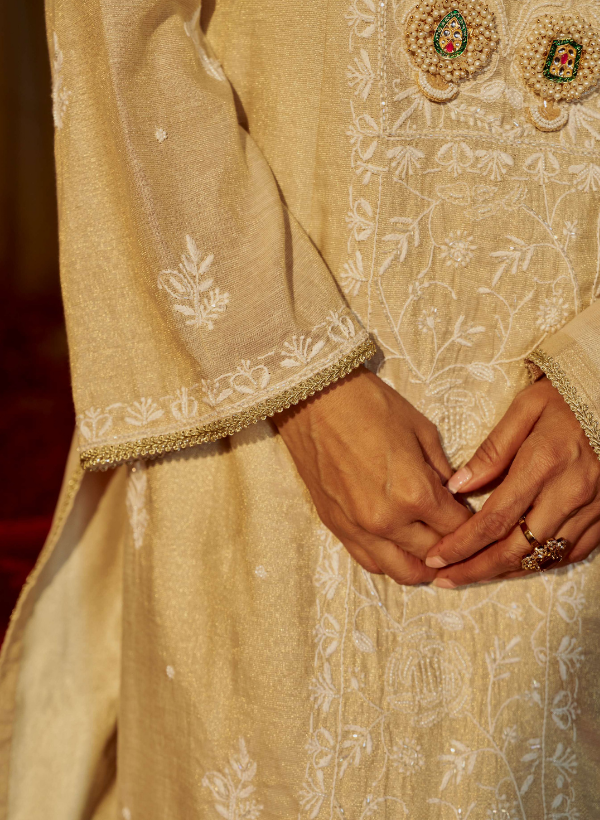 Beige Chanderi Silk Beaded Kurta Set