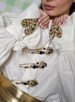 Load image into Gallery viewer, WHITE SAFETY PIN SHIRT PAIRED WITH SATIN LACE FLARED PANTS