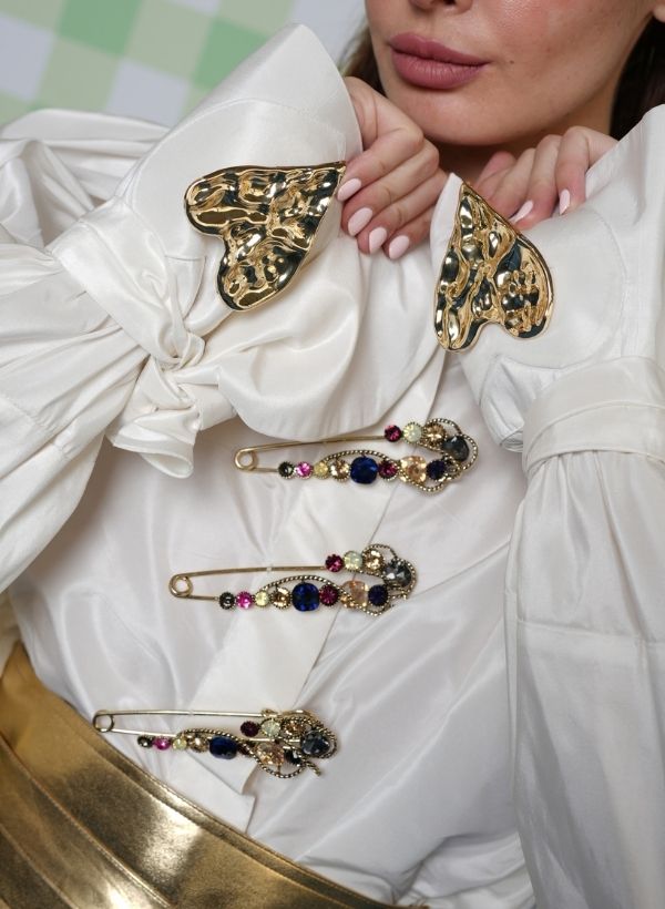 WHITE SAFETY PIN SHIRT PAIRED WITH SATIN LACE FLARED PANTS