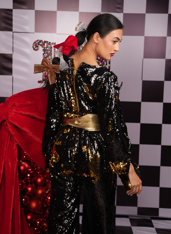 BLACK & GOLD SEQUIN FLARED JUMPSUIT WITH CUT-OUT SLEEVES