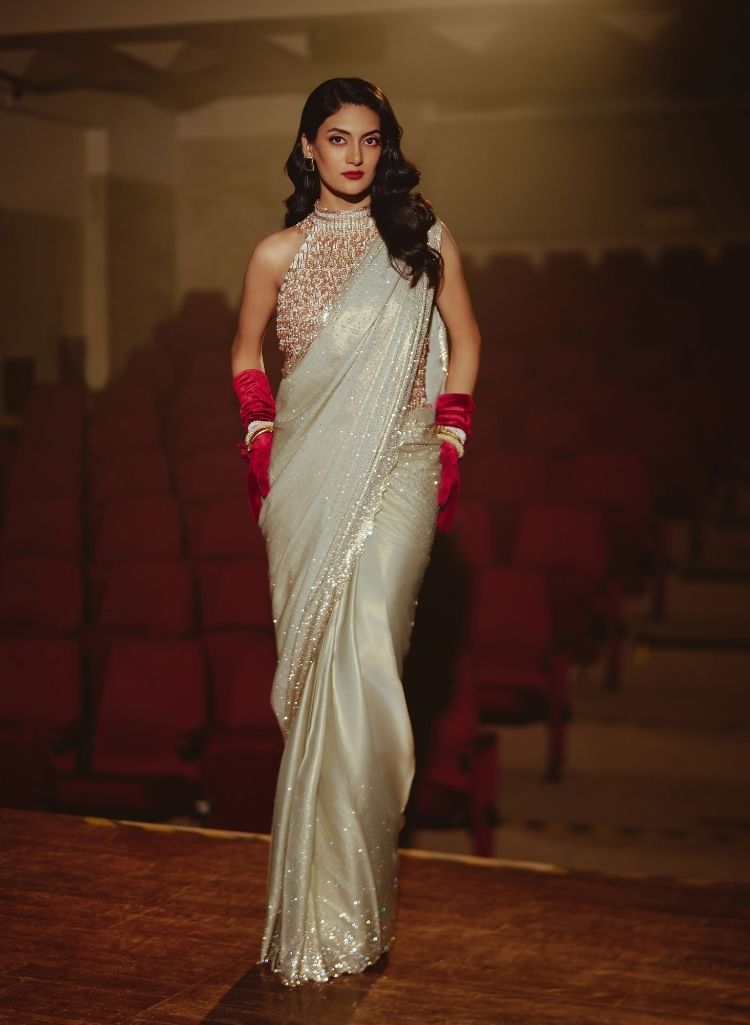 Sequined Silver Sari & Tassel Embellished Blouse