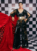 Load image into Gallery viewer, BLACK &amp; GOLD SEQUIN FLARED JUMPSUIT WITH CUT-OUT SLEEVES