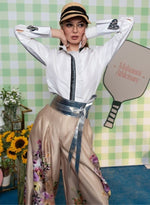 Load image into Gallery viewer, WHITE MEASURE TAPE SHIRT PAIRED WITH SATIN FLORAL PANTS