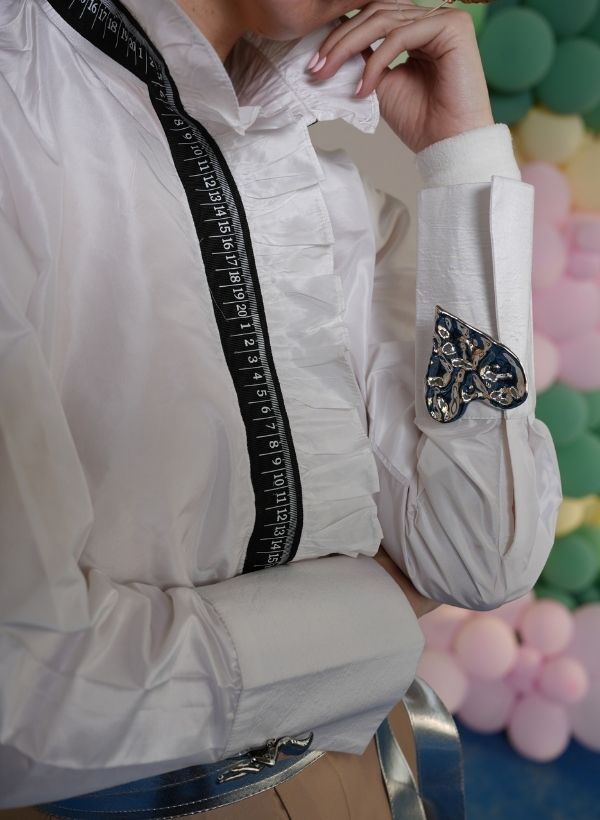 WHITE MEASURE TAPE SHIRT PAIRED WITH SATIN FLORAL PANTS