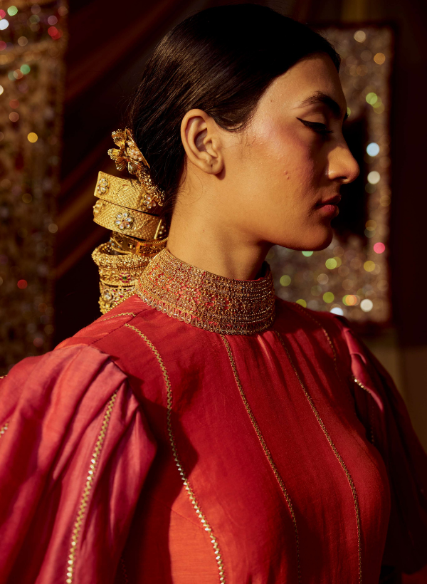 Red Shaded Chanderi Silk Bangled Kurta Set