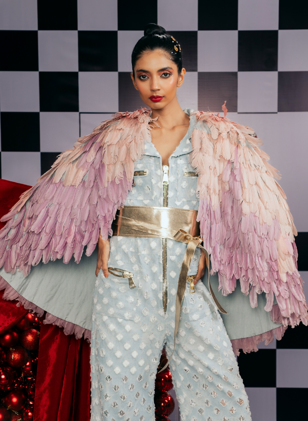 SALMON PINK SHADED FEATHER LONG CAPE