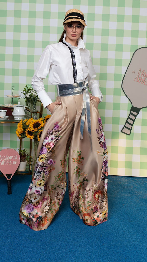 WHITE MEASURE TAPE SHIRT PAIRED WITH SATIN FLORAL PANTS