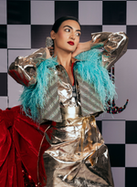 Load image into Gallery viewer, TURQUOISE  MESH WAISTCOAT WITH OSTRICH FEATHERS