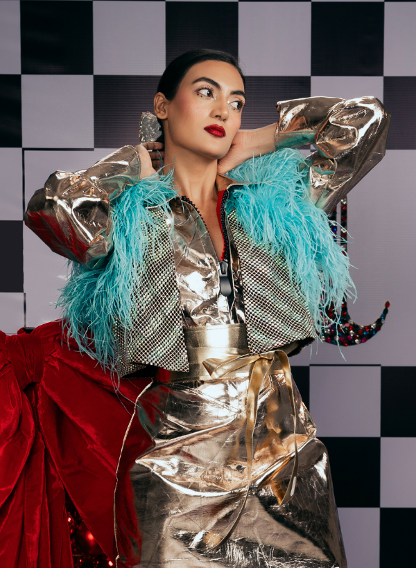 TURQUOISE  MESH WAISTCOAT WITH OSTRICH FEATHERS