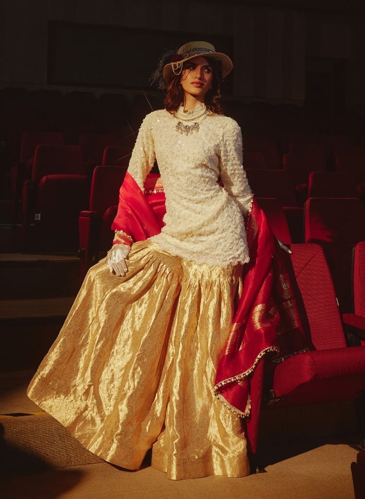 Lace Kurta with Brocade Sharara Set