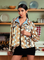 Load image into Gallery viewer, GOLD SEQUINED CROPPED JACKET PAIRED WITH BLACK VELVET SKIRT