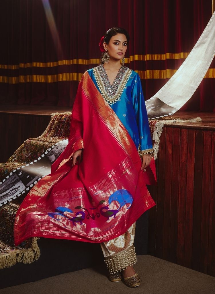 Peacock Blue Silk Farshi Salwar Set