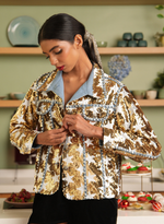 Load image into Gallery viewer, GOLD SEQUINED CROPPED JACKET PAIRED WITH BLACK VELVET SKIRT