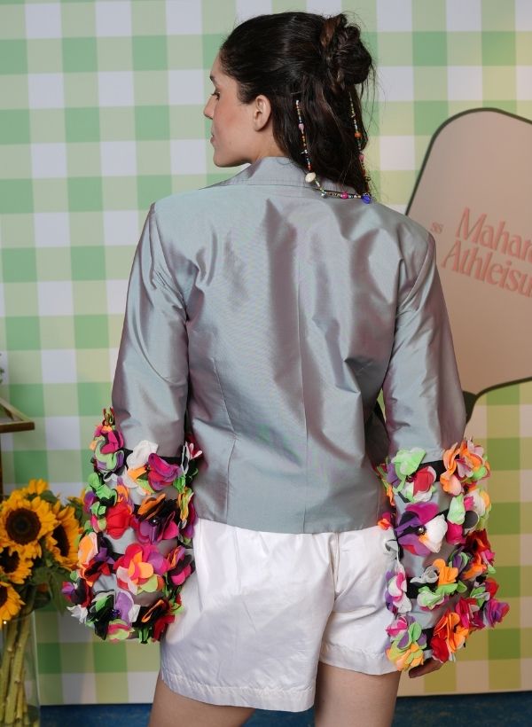 SKY BLUE BOLERO WITH MULTI-COLOUR APPLIQUÈ FLOWERS