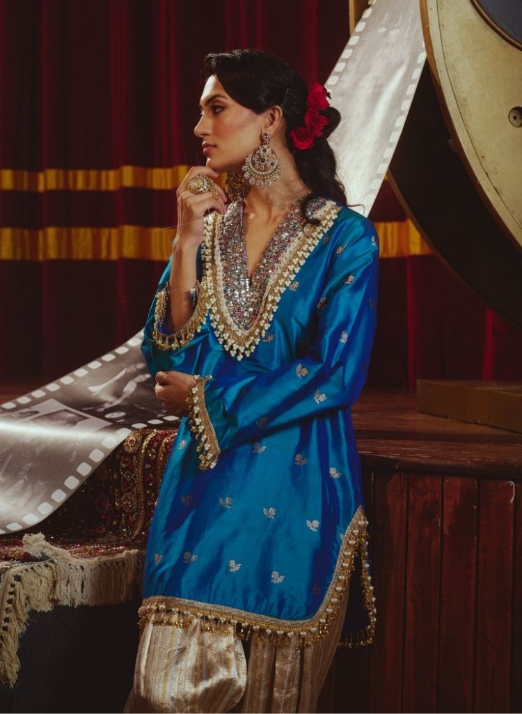 Peacock Blue Silk Farshi Salwar Set