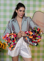 Load image into Gallery viewer, SKY BLUE BOLERO WITH MULTI-COLOUR APPLIQUÈ FLOWERS