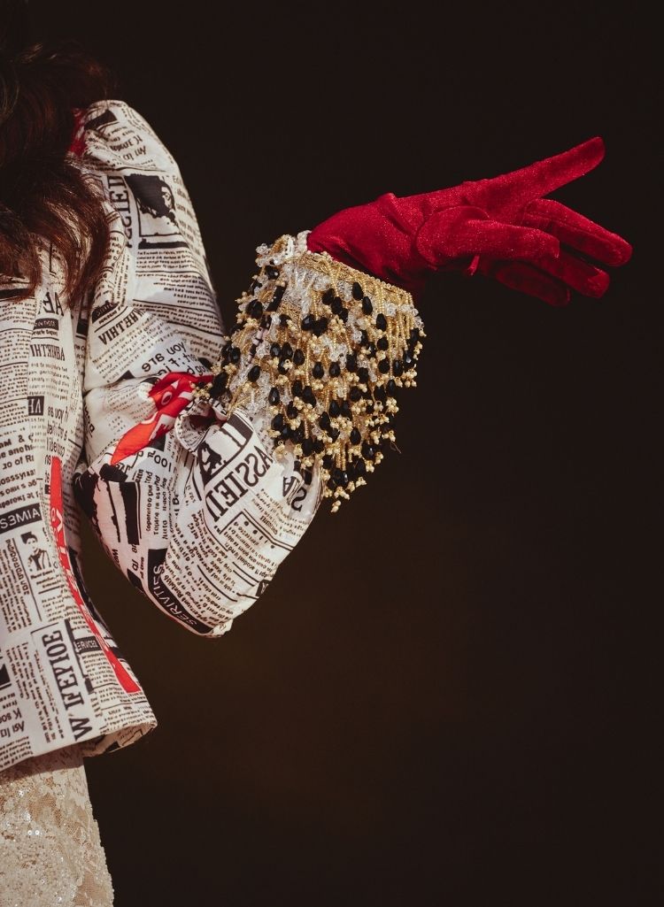 Newspaper Print Jacket & Chantilly Lace Sharara