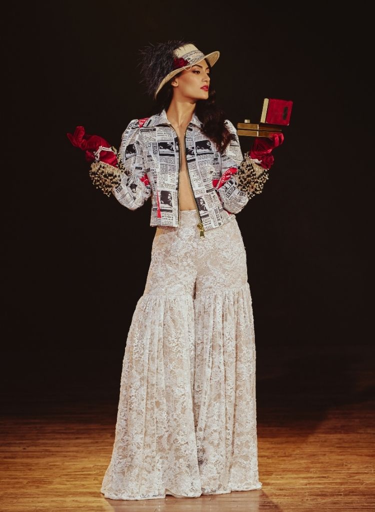 Newspaper Print Jacket & Chantilly Lace Sharara – Jacket