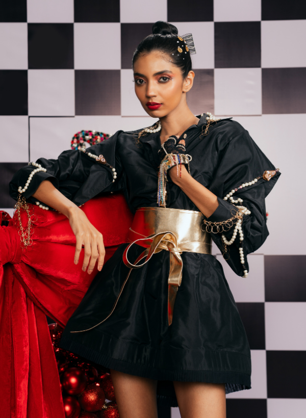 BLACK TAFFETA DRESS WITH SWAROVSKI EMBELLISHED SLEEVES AND ORNATE BUTTONS