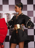 Load image into Gallery viewer, BLACK TAFFETA DRESS WITH SWAROVSKI EMBELLISHED SLEEVES AND ORNATE BUTTONS
