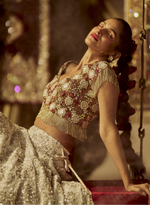 Load image into Gallery viewer, Red &amp; White Swarovski Beaded Lehenga Set
