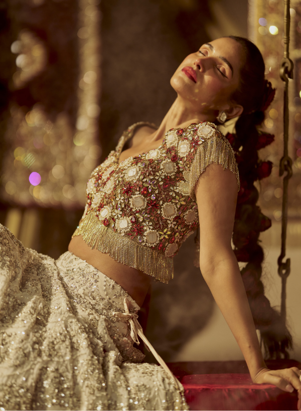Red & White Swarovski Beaded Lehenga Set