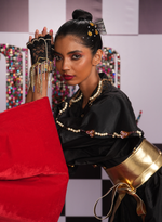 Load image into Gallery viewer, BLACK TAFFETA DRESS WITH SWAROVSKI EMBELLISHED SLEEVES AND ORNATE BUTTONS