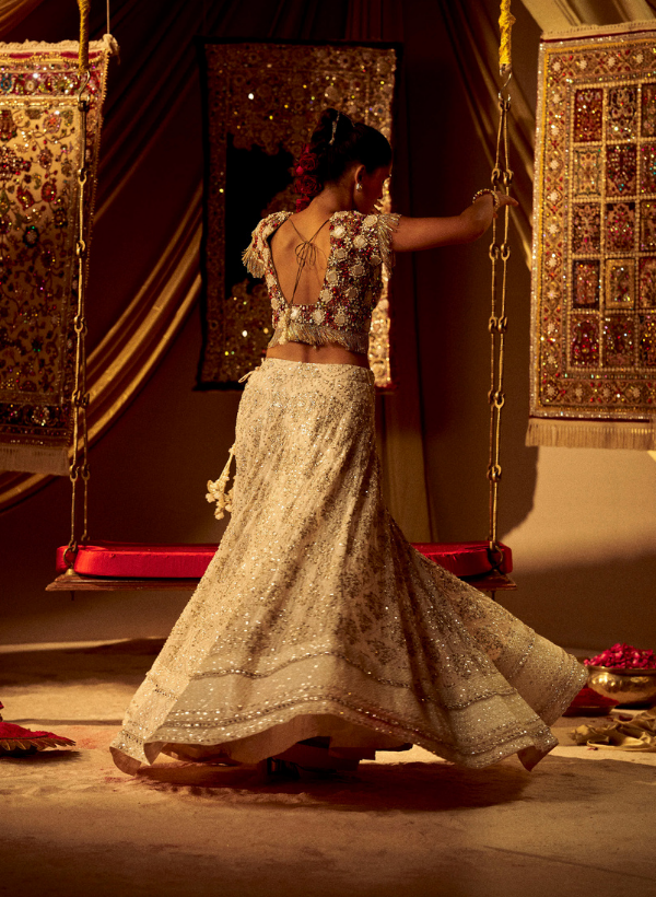 Red & White Swarovski Beaded Lehenga Set