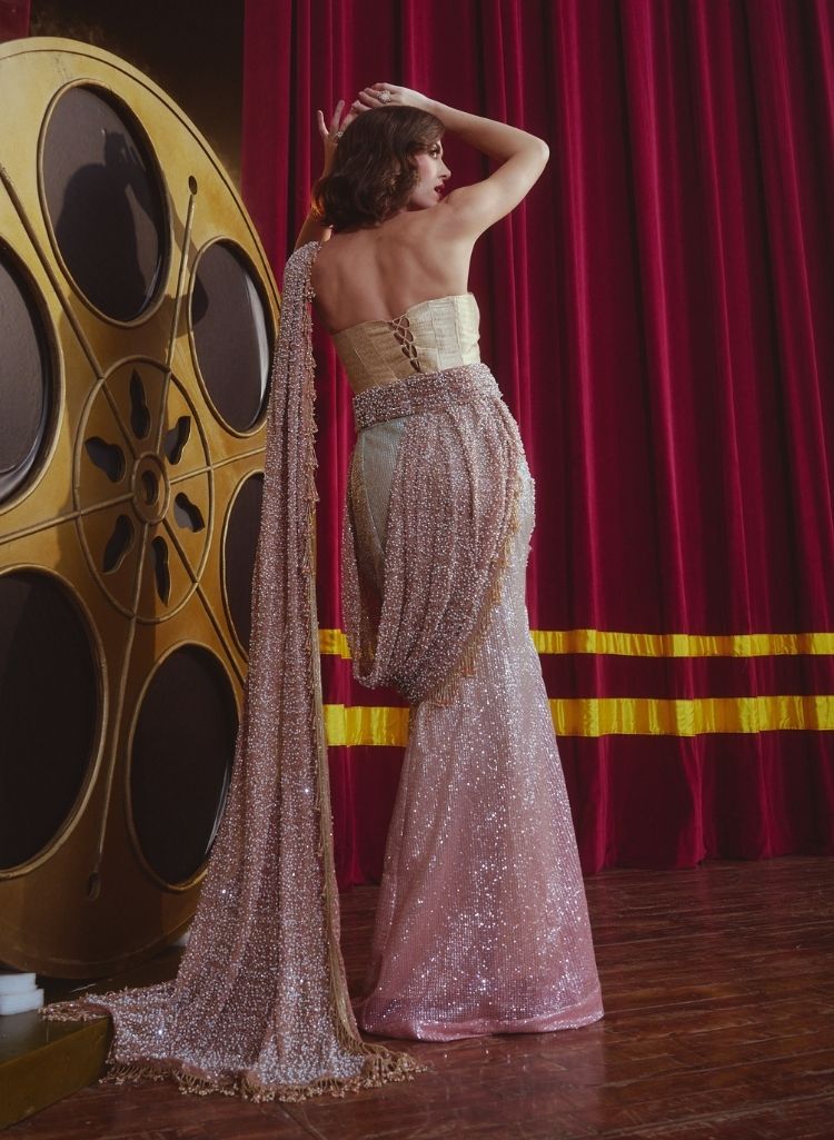 Brocade Corset with Peach Sequinned Sari – Corset