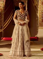 Load image into Gallery viewer, Red &amp; White Swarovski Beaded Lehenga Set
