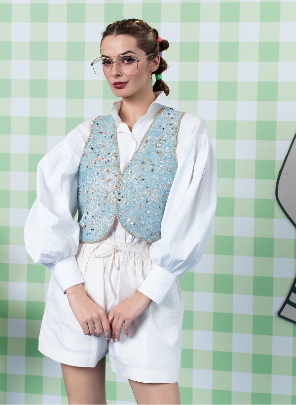 SKY BLUE BEADED WAISTCOAT