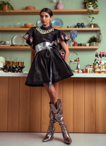 Load image into Gallery viewer, BLACK TAFFETA FLARED DRESS WITH A SWAROVSKI NECKLINE