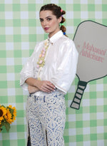 Load image into Gallery viewer, WHITE SHIRT WITH FLORAL DETAILING PAIRED WITH CUTWORK CROCHET PANTS