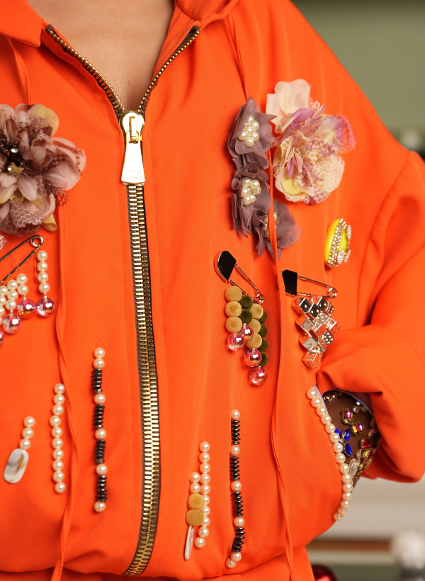 FLORAL APPLIQUÉD ORANGE ZIPPER TRACKSUIT