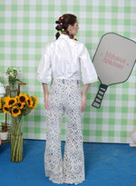Load image into Gallery viewer, WHITE SHIRT WITH FLORAL DETAILING PAIRED WITH CUTWORK CROCHET PANTS