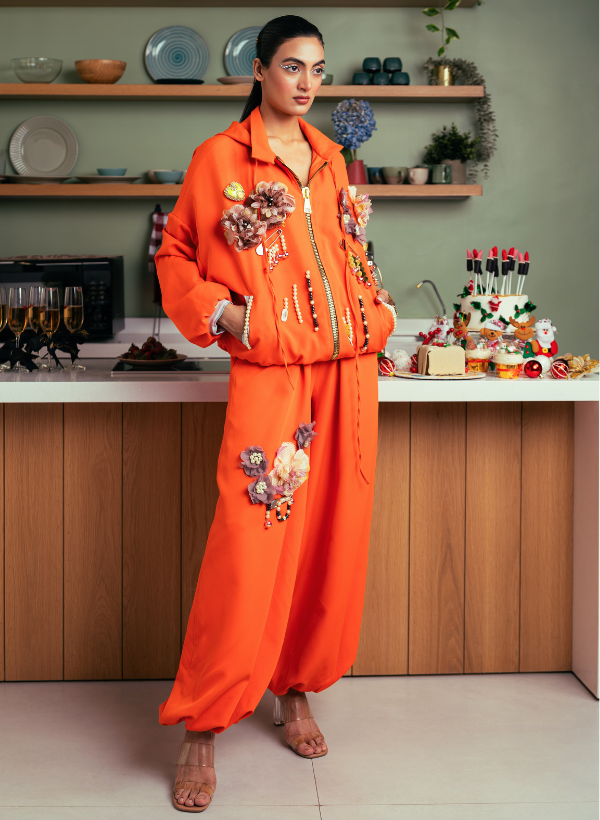 FLORAL APPLIQUÉD ORANGE ZIPPER TRACKSUIT