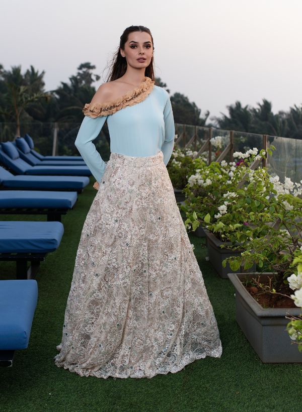 SKY BLUE OFF-SHOULDER APPLIQUE TOP WITH EMBELLISHED CREAM LEHENGA